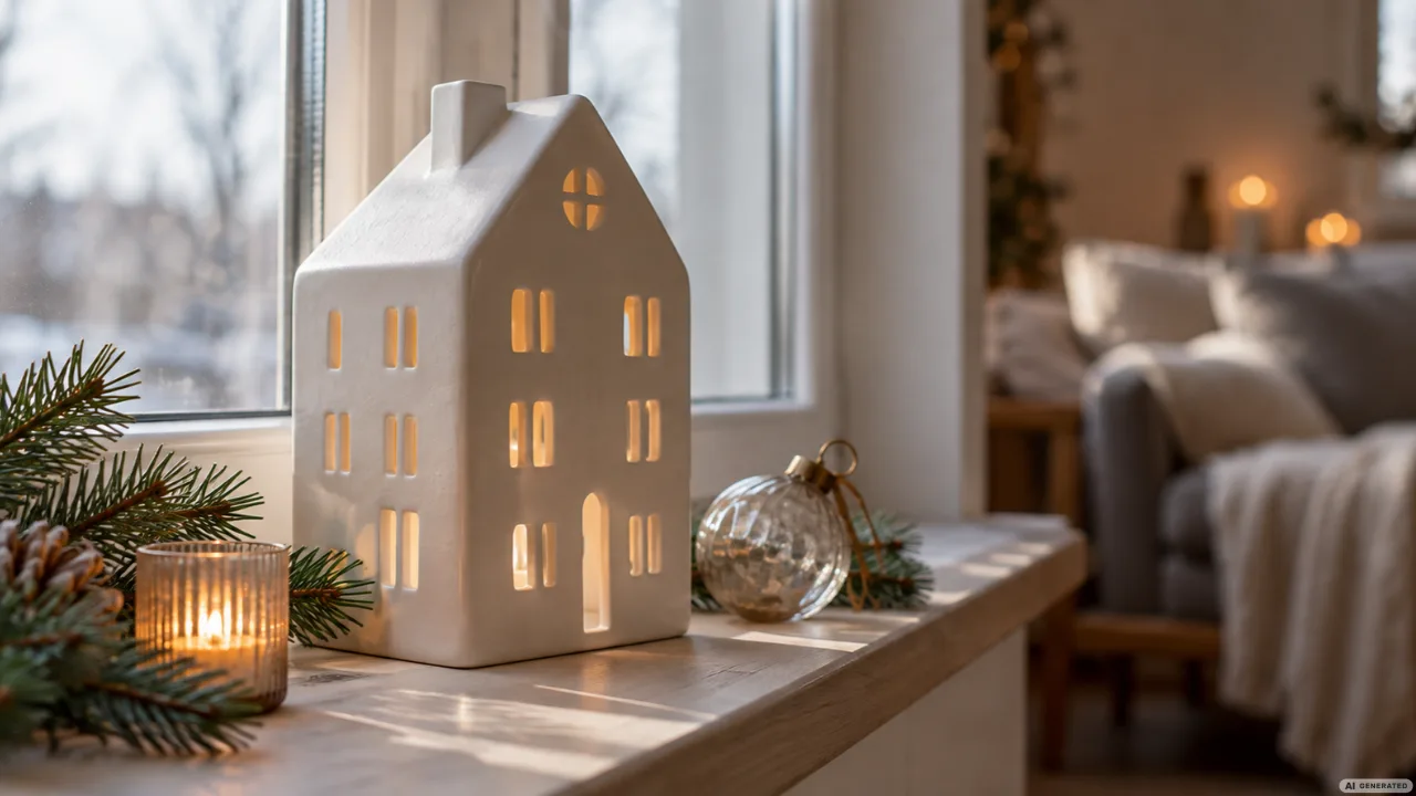 Moderne Weihnachtsdeko auf der Fensterbank mit weißem Keramikhaus, Tannengrün, Kerze und Glaskugel.