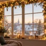 Weihnachtsdeko mit warmweißen Lichterketten und Tannengrün am Wohnzimmerfenster.