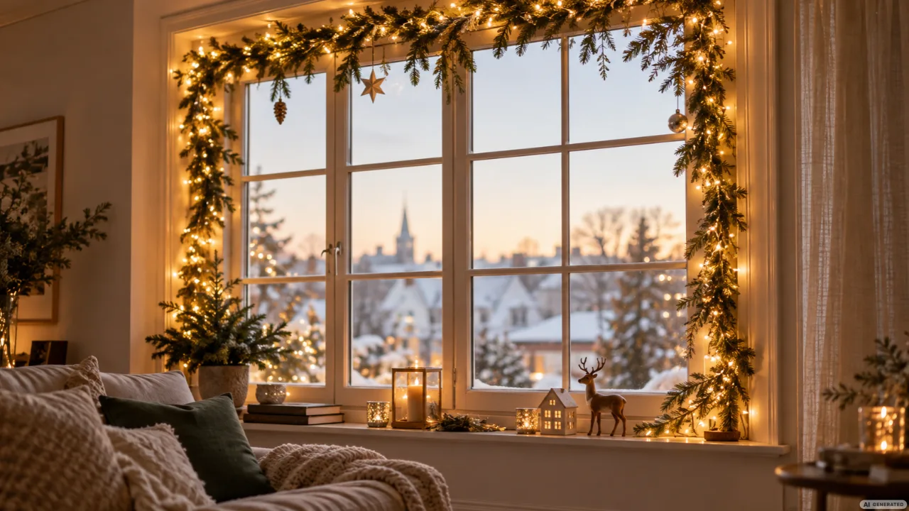 Weihnachtsdeko mit warmweißen Lichterketten und Tannengrün am Wohnzimmerfenster.