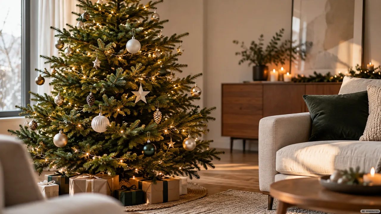 Moderner Weihnachtsbaum mit weißen, goldenen und dunkelgrünen Kugeln neben einem hellen Sofa im Wohnzimmer.