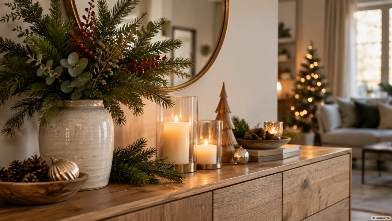 Weihnachtsdeko für das Sideboard mit Tannenzweigen, Kerzen, Holzdeko und warmem Licht.