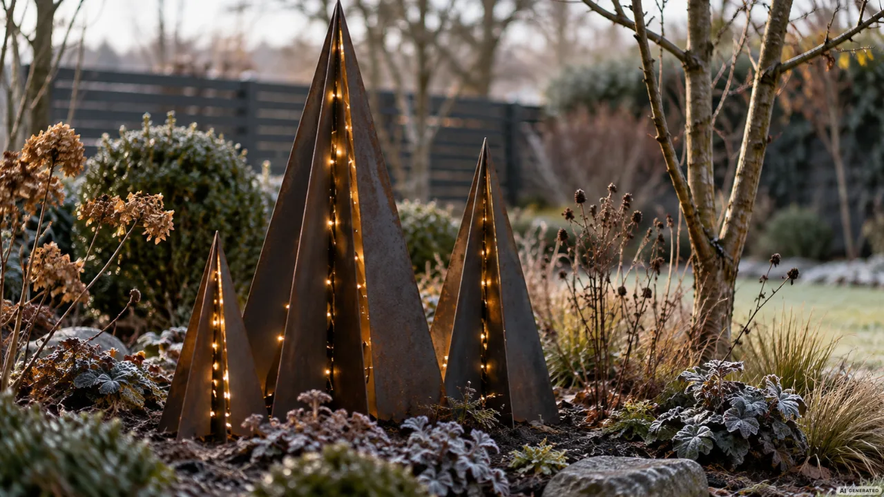 Drei moderne Weihnachtsbäume aus dunklem Metall mit warmweißen Lichtern zwischen winterlichen Stauden.