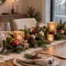 Weihnachtsdeko für den Esstisch mit Tannengrün, Kerzen, Kugeln und festlich gedeckten Plätzen.