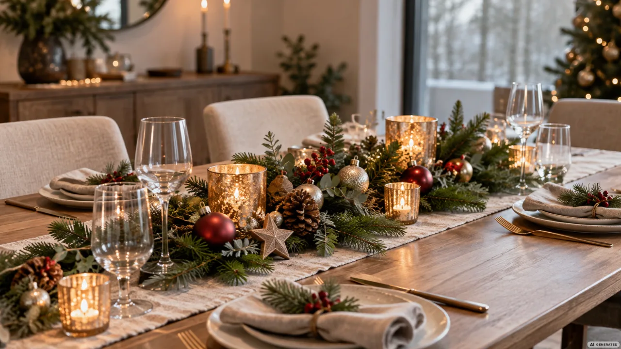 Weihnachtsdeko für den Esstisch mit Tannengrün, Kerzen, Kugeln und festlich gedeckten Plätzen.