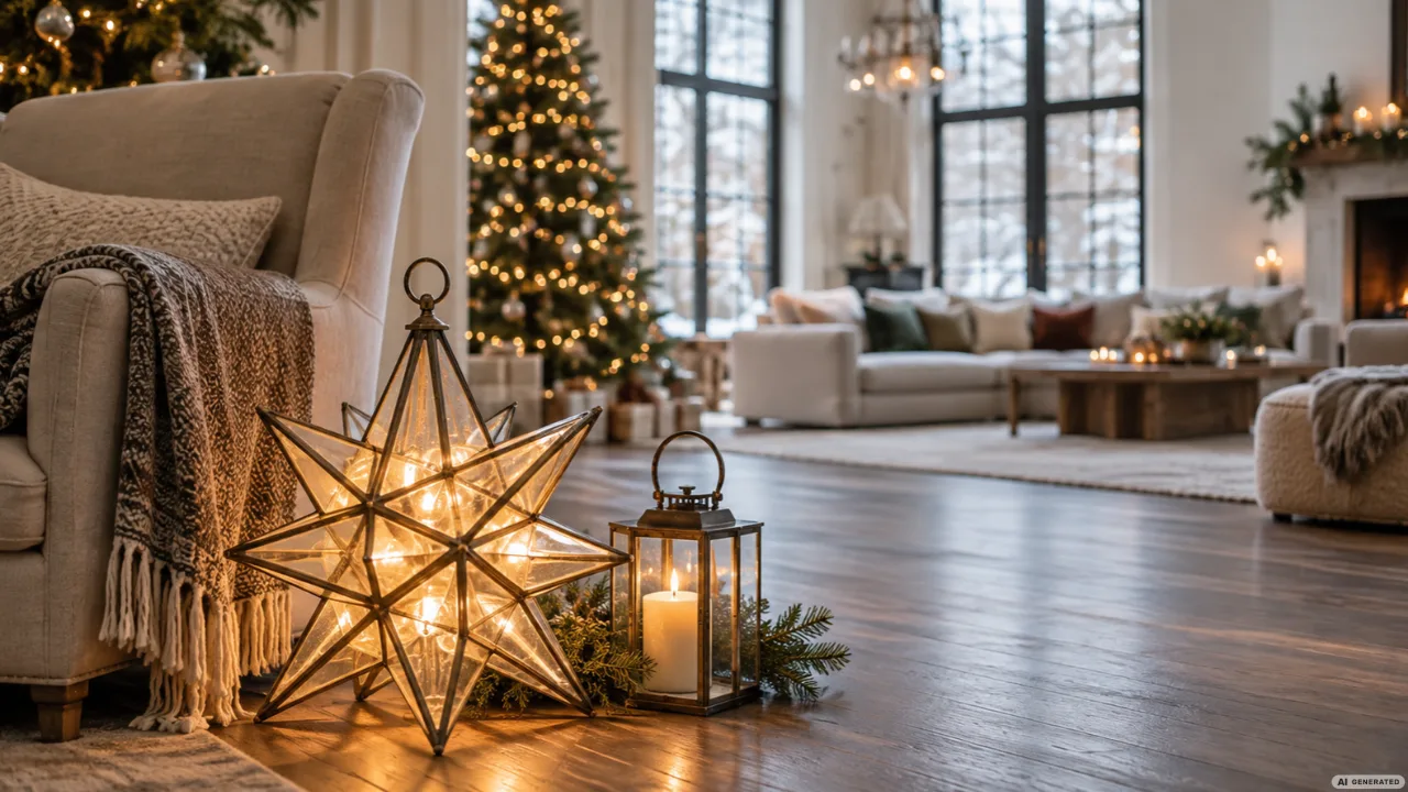 Großer leuchtender Weihnachtsstern und Laterne neben einem Sessel in einem weitläufigen Wohnzimmer.
