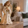 Weiß-goldener Weihnachtsengel auf einer Holzkommode mit Tannengrün und Kerzenlicht im Wohnzimmer.