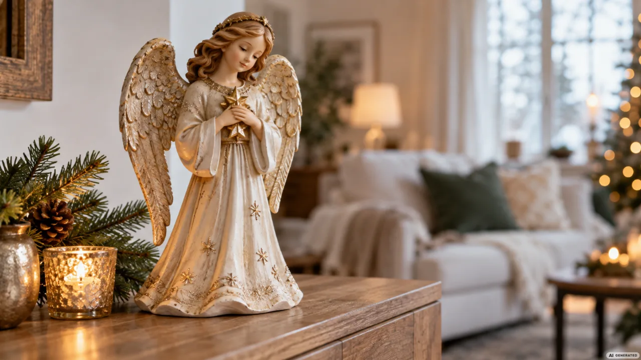 Weiß-goldener Weihnachtsengel auf einer Holzkommode mit Tannengrün und Kerzenlicht im Wohnzimmer.