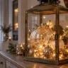 Eine große Laterne mit goldenen Weihnachtskugeln und warmweißer LED-Lichterkette.