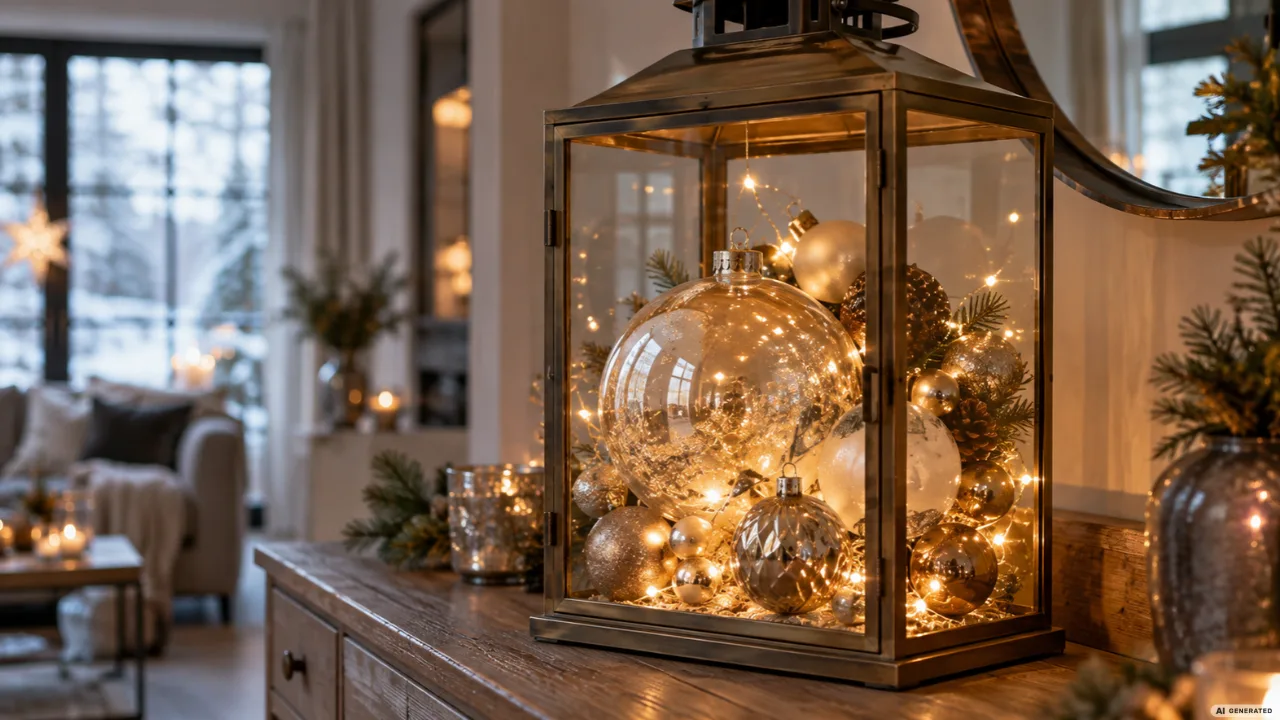 Eine große Laterne mit goldenen Weihnachtskugeln und warmweißer LED-Lichterkette.