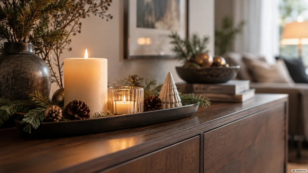 Dunkles Holz-Sideboard mit dekorativem Tablett, Kerzen, Tannengrün, Zapfen und kleinem Keramikbaum.