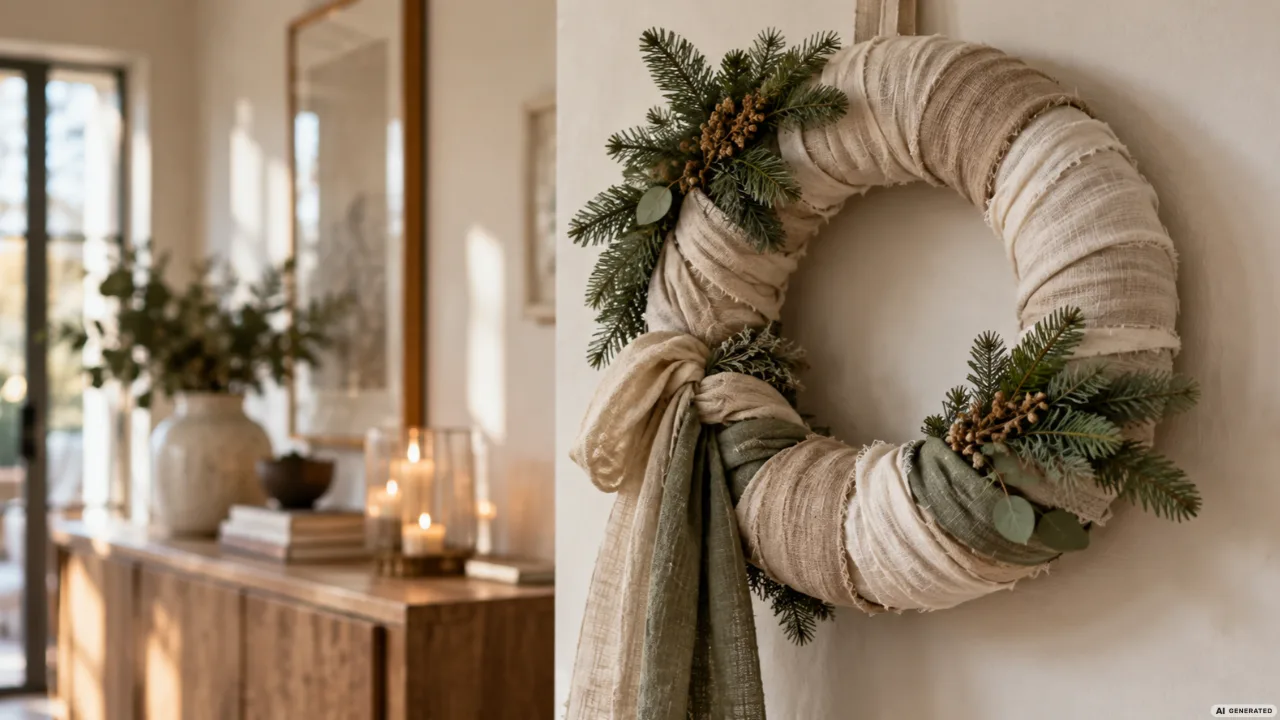 Weihnachtskränze neu gedacht: 5 Ideen, die du so nicht jedes Weihnachten siehst Weihnachtskranz aus beigen Leinenstreifen mit grünen Stoffbändern und Tannenzweigen an einer hellen Wand.