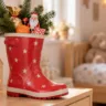 Roter Kindergummistiefel mit weißen Sternen, Tannengrün und Süßigkeiten auf einer Kommode im Kinderzimmer.
