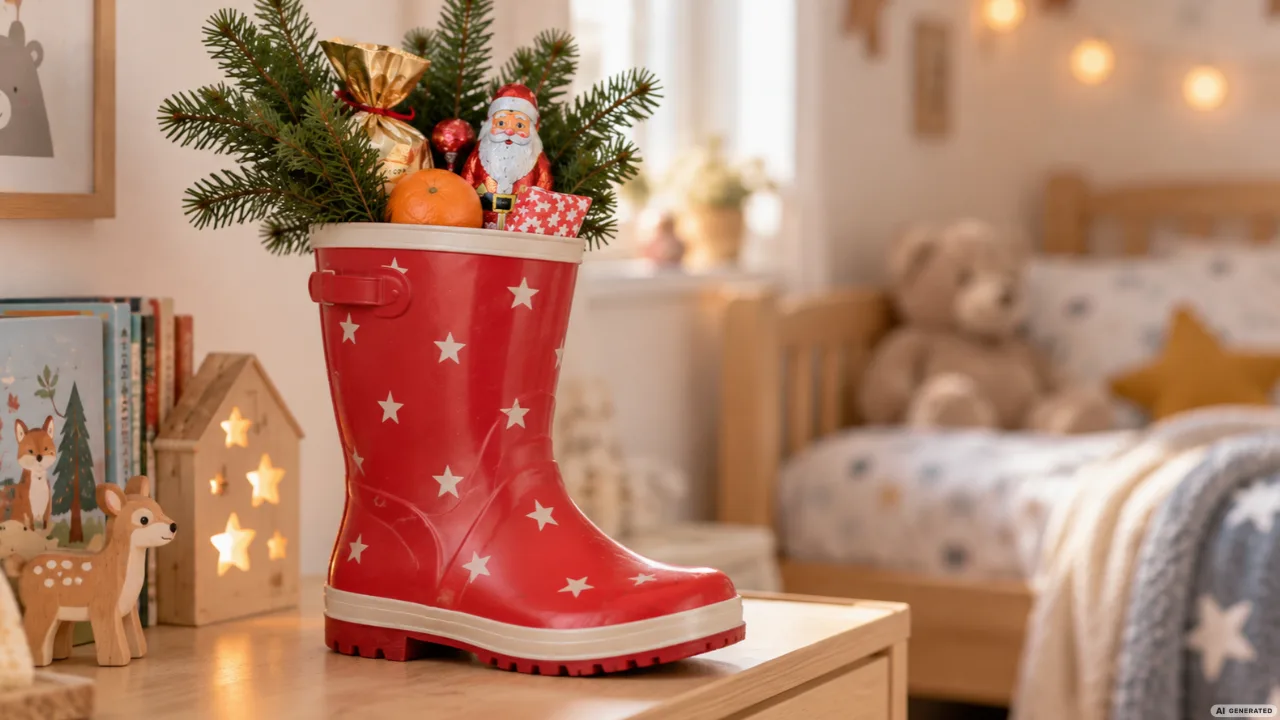 Roter Kindergummistiefel mit weißen Sternen, Tannengrün und Süßigkeiten auf einer Kommode im Kinderzimmer.