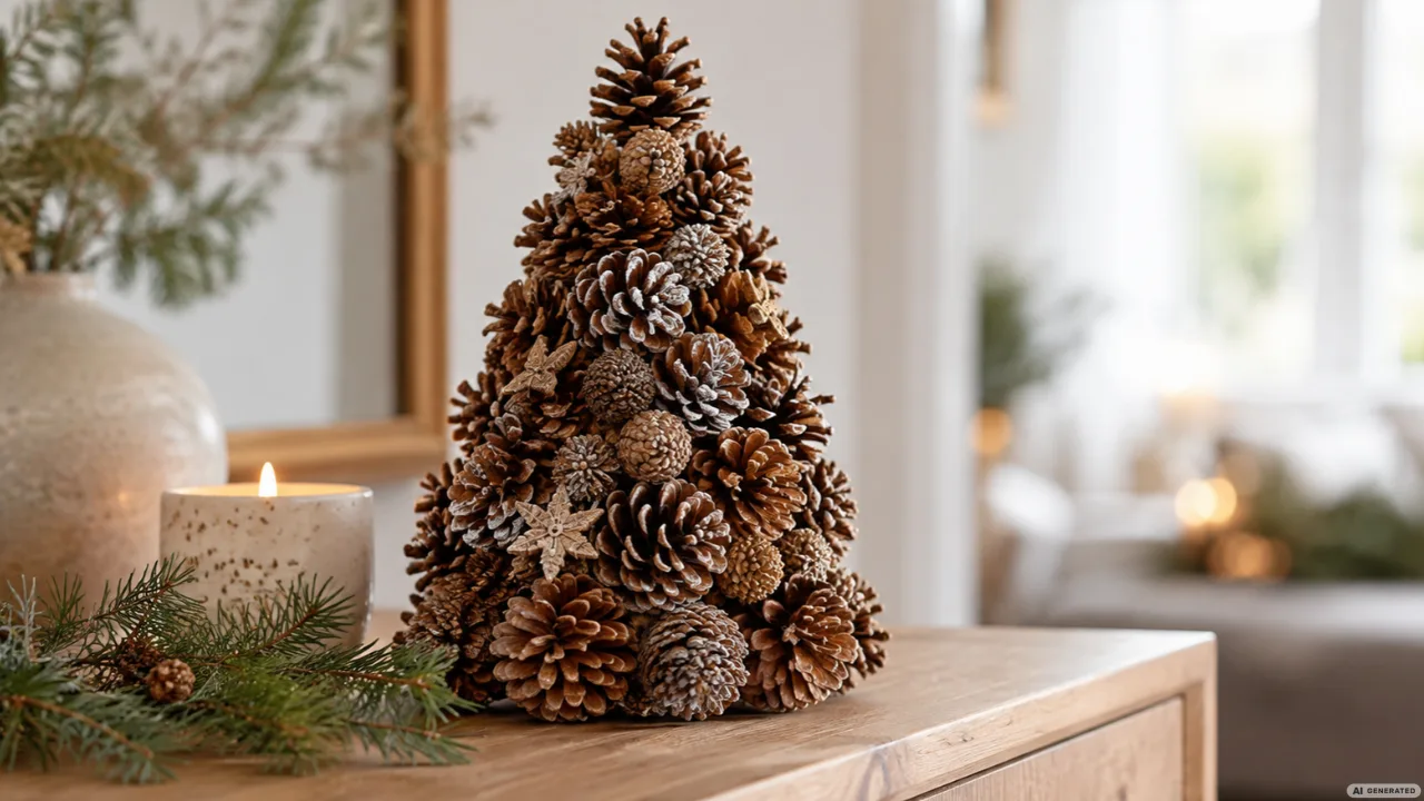 Kleiner Weihnachtsbaum aus Tannenzapfen mit weißen Akzenten auf einer Holzkommode neben einer Kerze.
