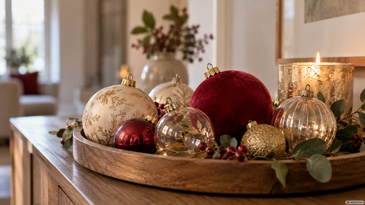 Rote, goldene und cremefarbene Weihnachtskugeln auf einem Holztablett mit Kerze und grünen Zweigen.