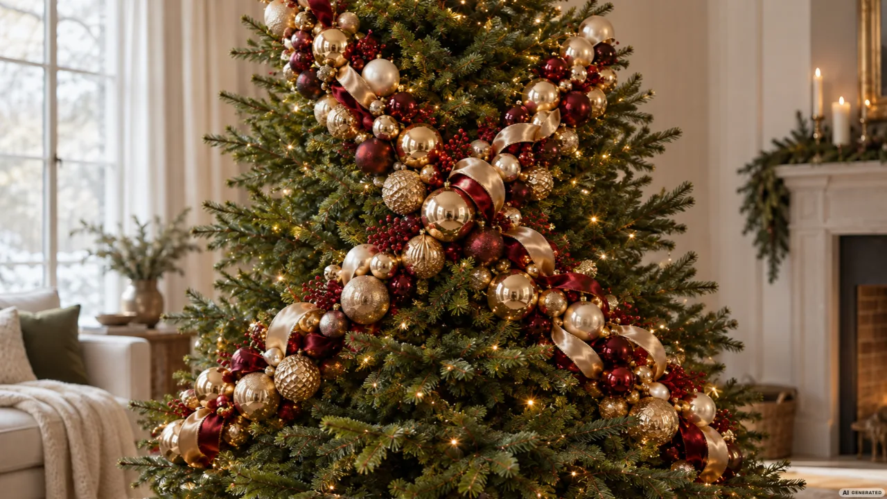 Weihnachtsbaum mit diagonaler Schmuckbahn aus roten und goldenen Kugeln, Schleifen und warmweißen Lichtern.