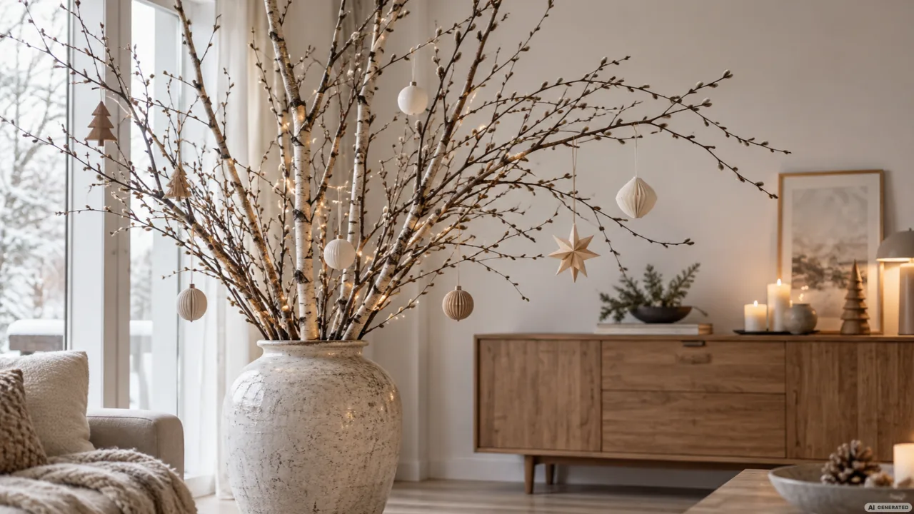 Große Keramikvase mit Birkenzweigen, Weihnachtsanhängern und warmweißer Lichterkette im Wohnzimmer.
