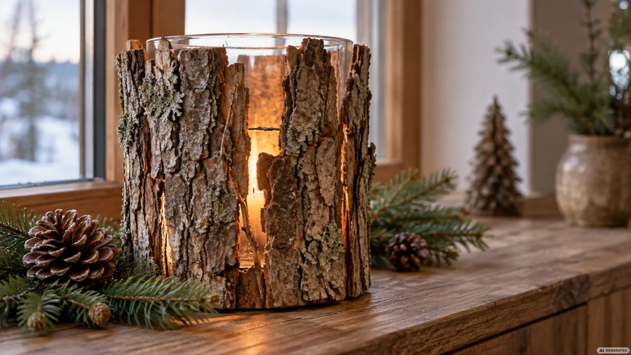 Rustikales Windlicht aus Baumrinde mit warmem Licht, Tannenzweigen und Zapfen auf einer winterlichen Fensterbank.