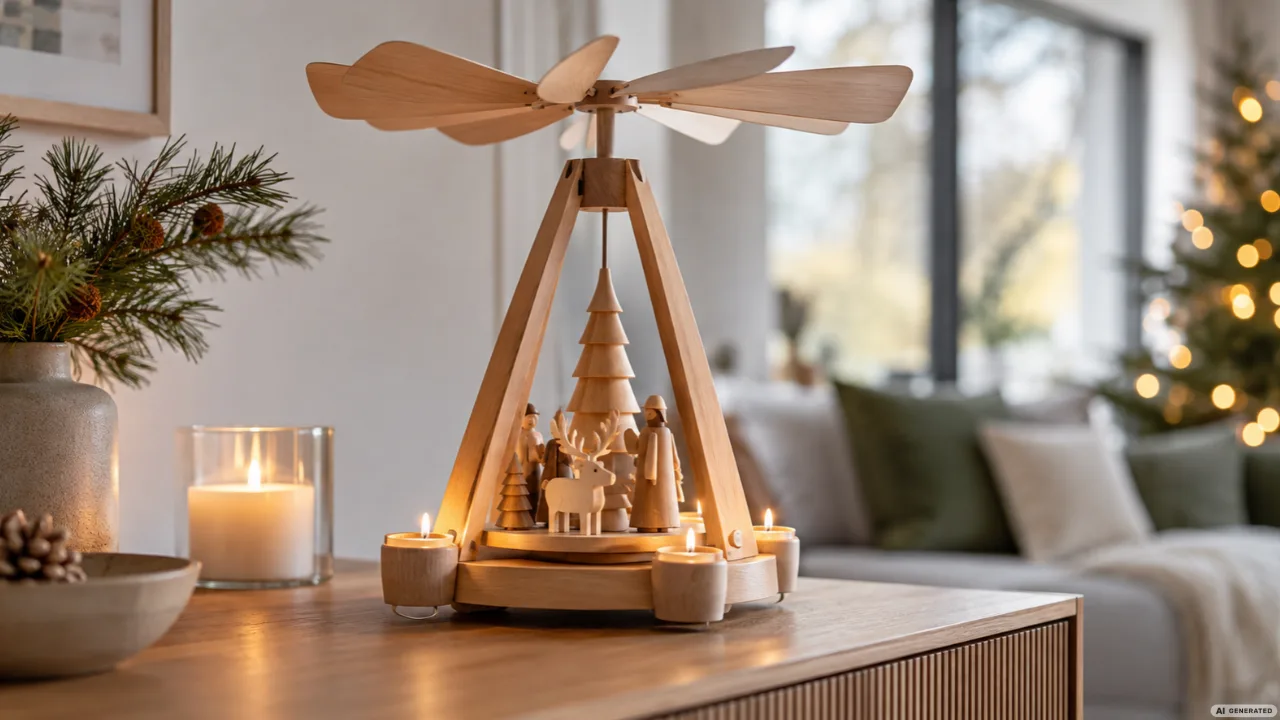 Weihnachtspyramide neu gedacht – 5 moderne Varianten des Weihnachtsklassikers Moderne Weihnachtspyramide aus hellem Holz mit Kerzen und Figuren auf einem Sideboard im Wohnzimmer.