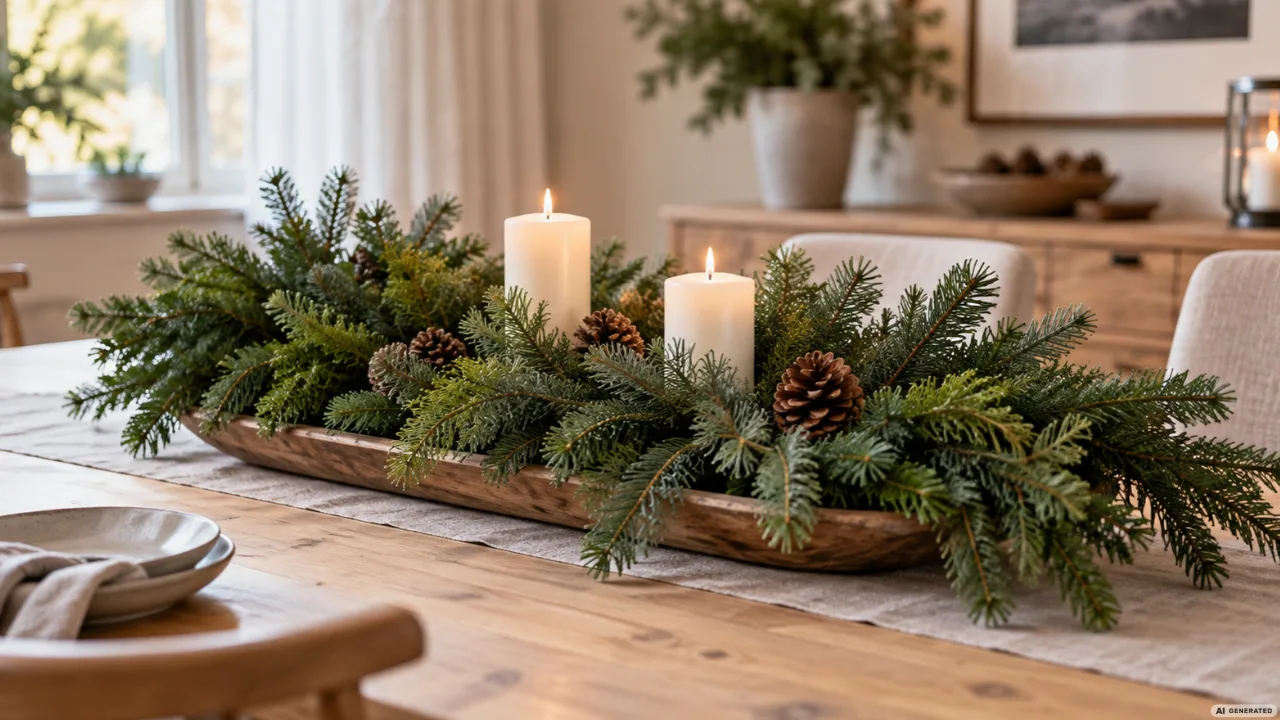Längliche Holzschale mit frischen Tannenzweigen, weißen Kerzen und Zapfen auf einem weihnachtlich dekorierten Esstisch.