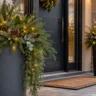 Moderne Weihnachtsdeko vor der Haustür mit großen Pflanzgefäßen, Tannenzweigen, Zapfen und warmweißen Lichtern.