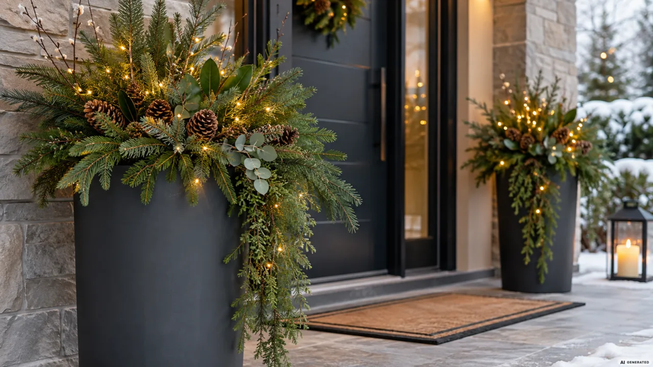 Moderne Weihnachtsdeko für die Haustür: 5 Ideen, die du nicht an jeder zweiten Tür siehst Moderne Weihnachtsdeko vor der Haustür mit großen Pflanzgefäßen, Tannenzweigen, Zapfen und warmweißen Lichtern.