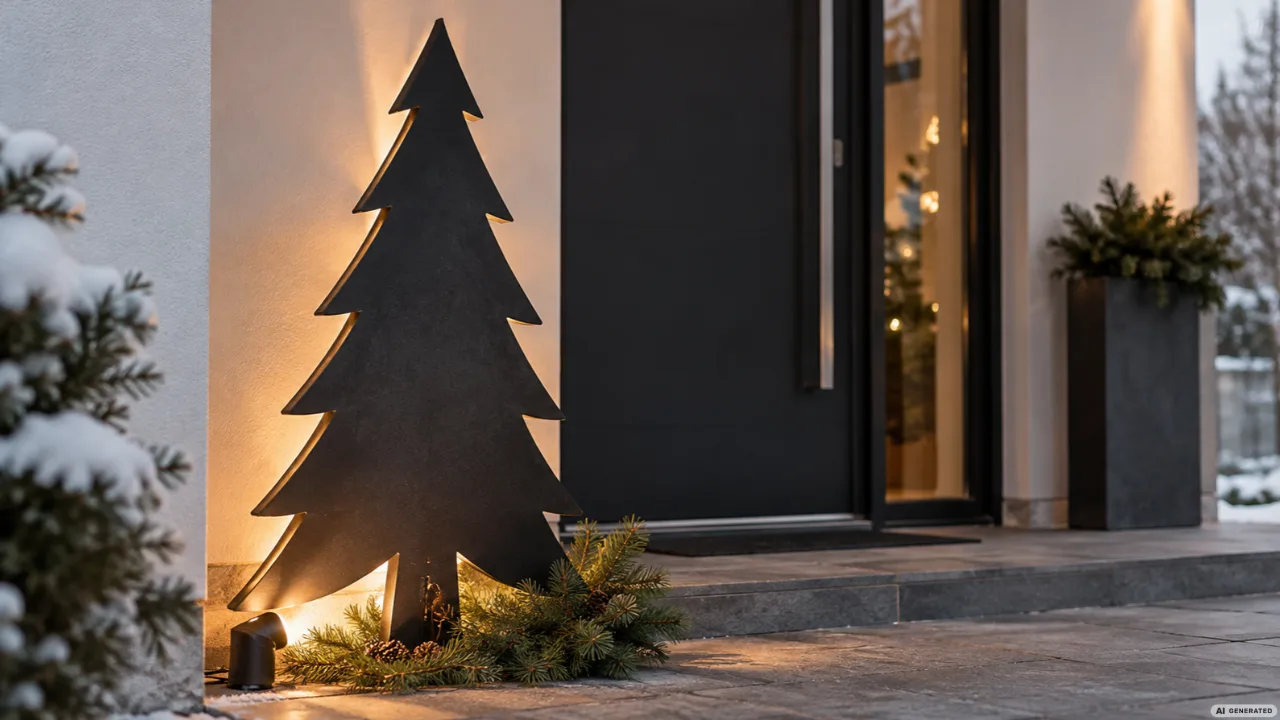 Moderne Weihnachtsdeko am Hauseingang mit großer schwarzer Tannenbaum-Silhouette aus Metall und warmer Beleuchtung.