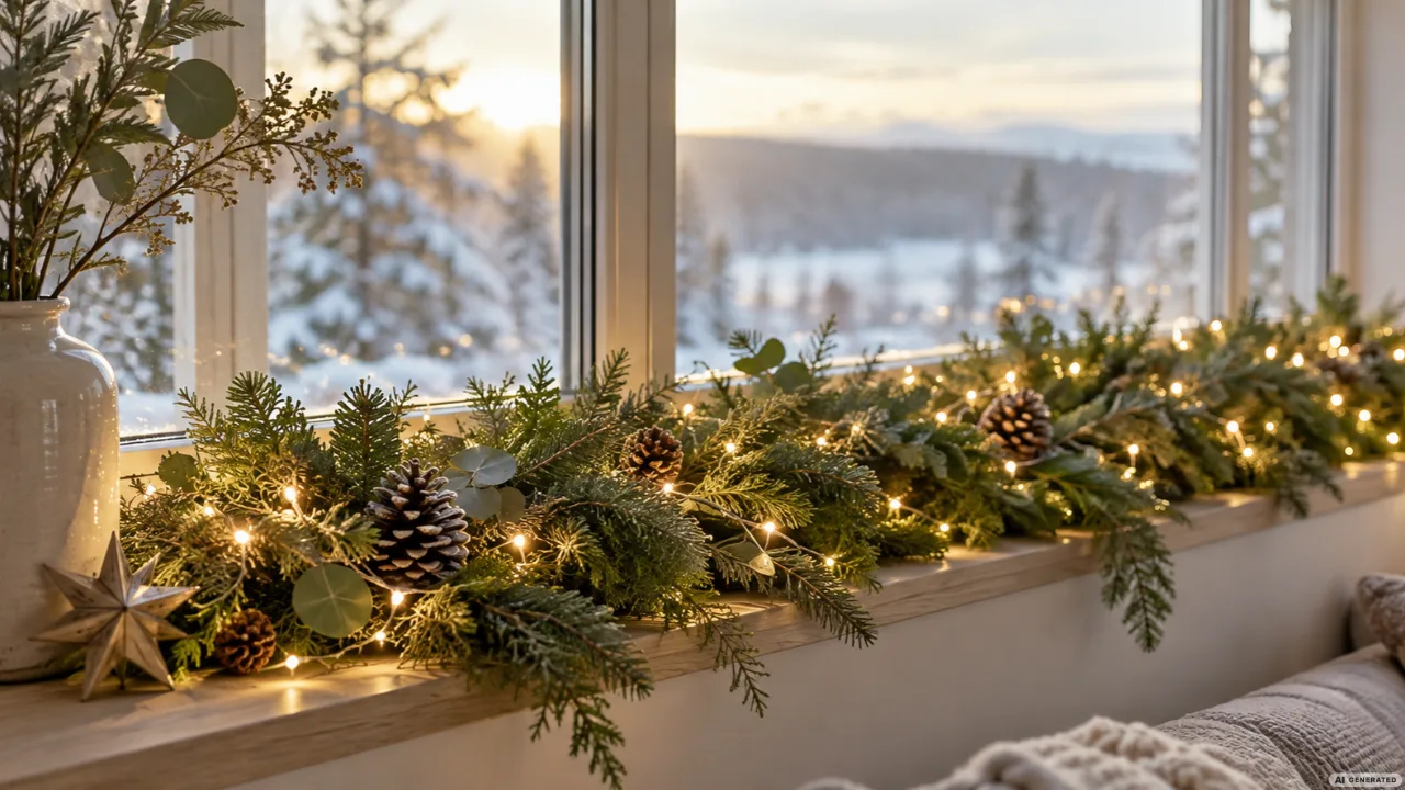 Breite Fensterbank mit Tannenzweigen, warmweißer Lichterkette und Zapfen vor einer verschneiten Landschaft.