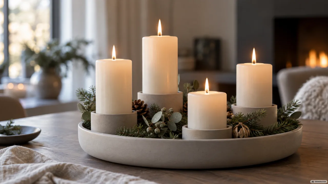 Modernes Adventsgesteck mit vier unterschiedlich hohen weißen Kerzen, Eukalyptus und Tannengrün in einer Keramikschale.