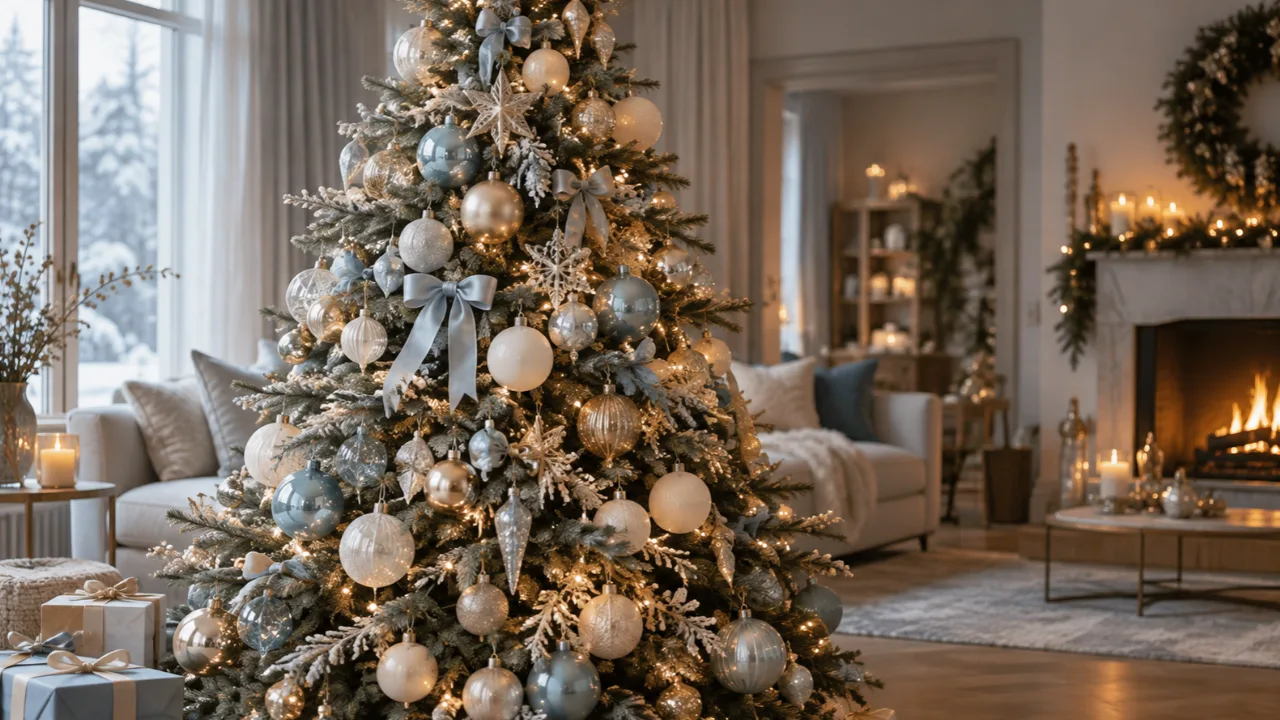 Eleganter Weihnachtsbaum mit eisblauen, weißen und champagnergoldenen Kugeln in einem hellen Wohnzimmer.