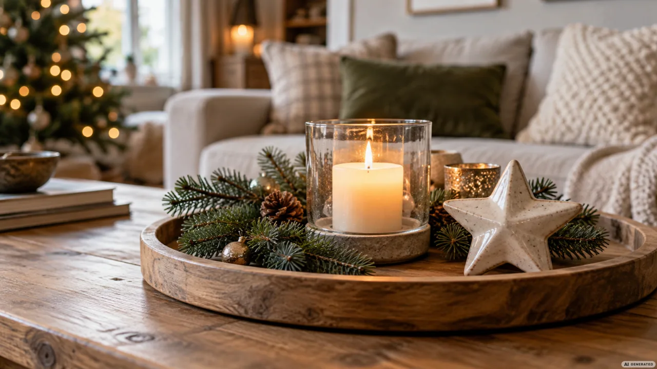 Weihnachtsdeko auf dem Wohnzimmertisch mit Holztablett, Tannenzweigen, Kerze im Glas und weißem Keramikstern.