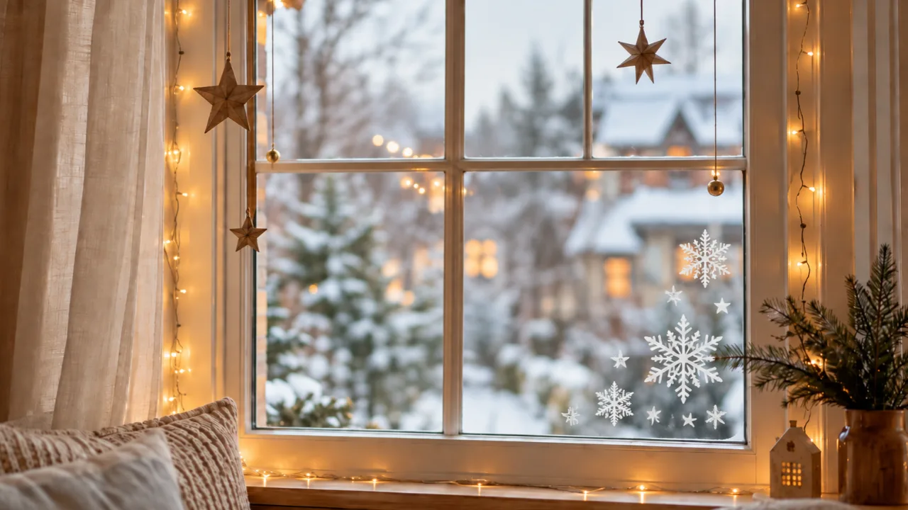 Weihnachtsdeko für die Fenster mit weißen Schneeflocken-Aufklebern, Holzsternen und warmen Lichterketten.