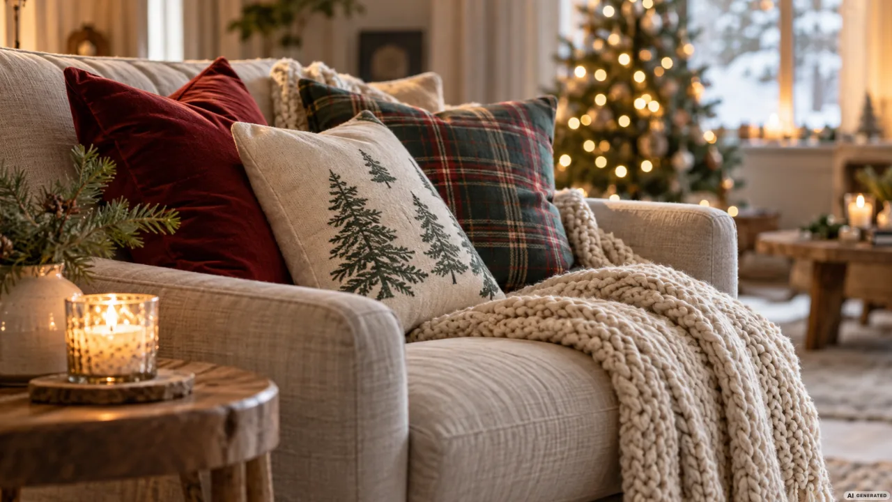 Weihnachtsdeko fürs Wohnzimmer mit festlichen Sofakissen, Strickdecke und beleuchtetem Weihnachtsbaum.