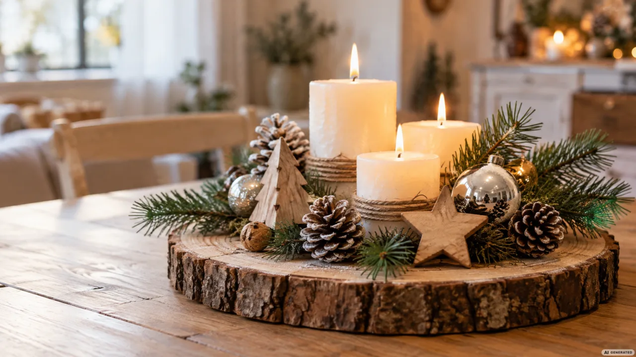 Weihnachtsdeko auf großer Holzscheibe mit Kerzen, Tannenzweigen, Zapfen und Holzsternen auf einem Esstisch.