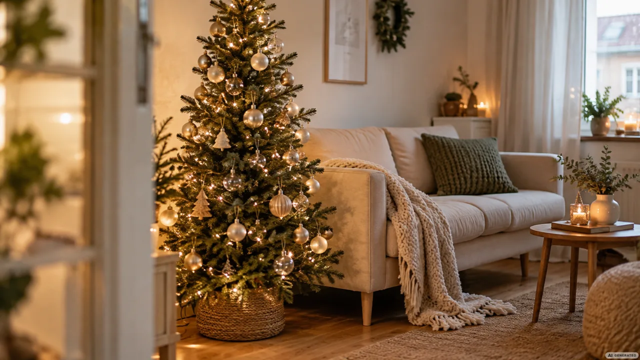 Kleines Wohnzimmer mit schmalem Weihnachtsbaum, warmen Lichterketten, beigem Sofa und gemütlicher Weihnachtsdekoration.