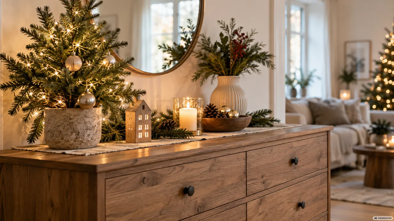 Weihnachtsdeko für die Kommode mit Tannengrün, Kerzen, Holzdeko und warmem Licht im Wohnzimmer.