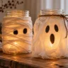 Selbstgemachtes Geisterglas mit weißem Stoff, schwarzem Gesicht und warmem Licht auf einem Holztisch.