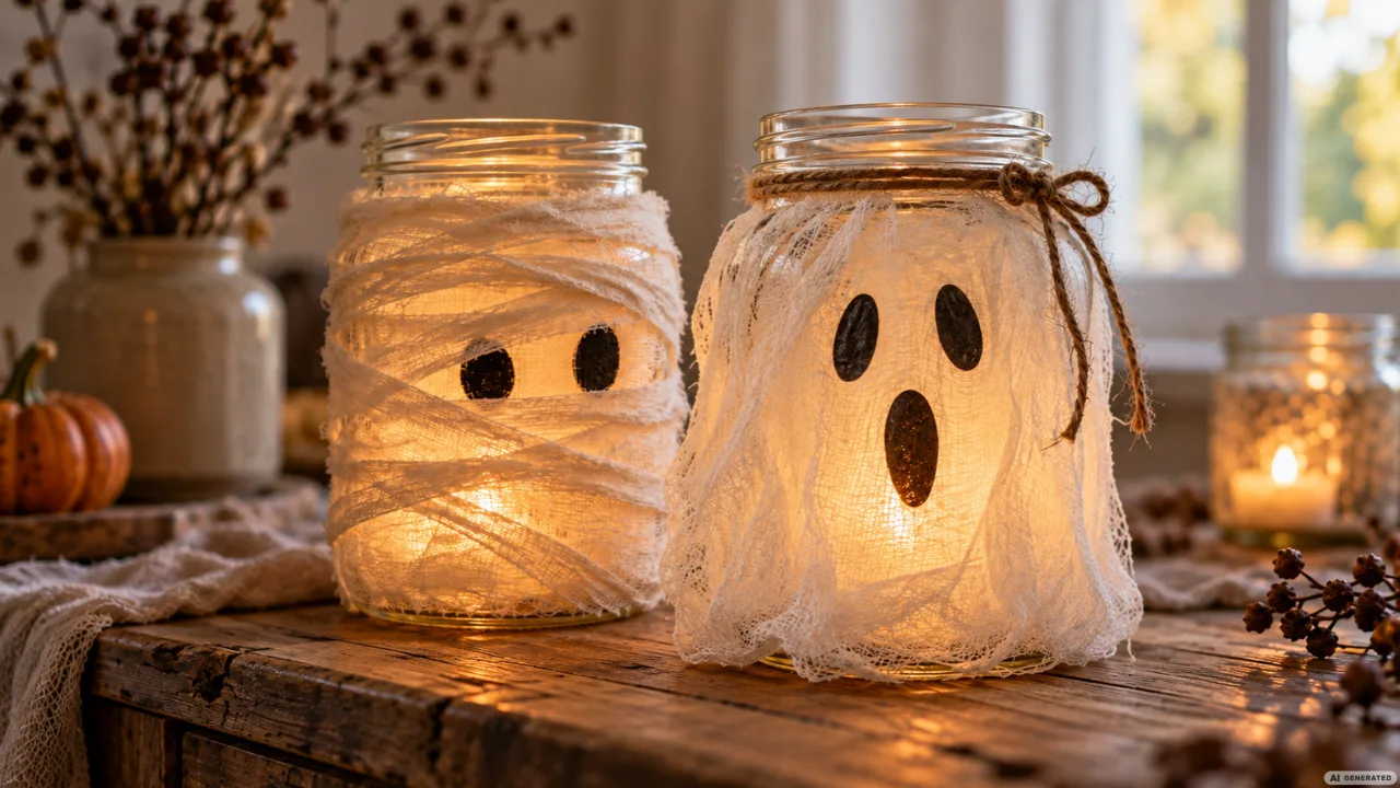 Selbstgemachtes Geisterglas mit weißem Stoff, schwarzem Gesicht und warmem Licht auf einem Holztisch.