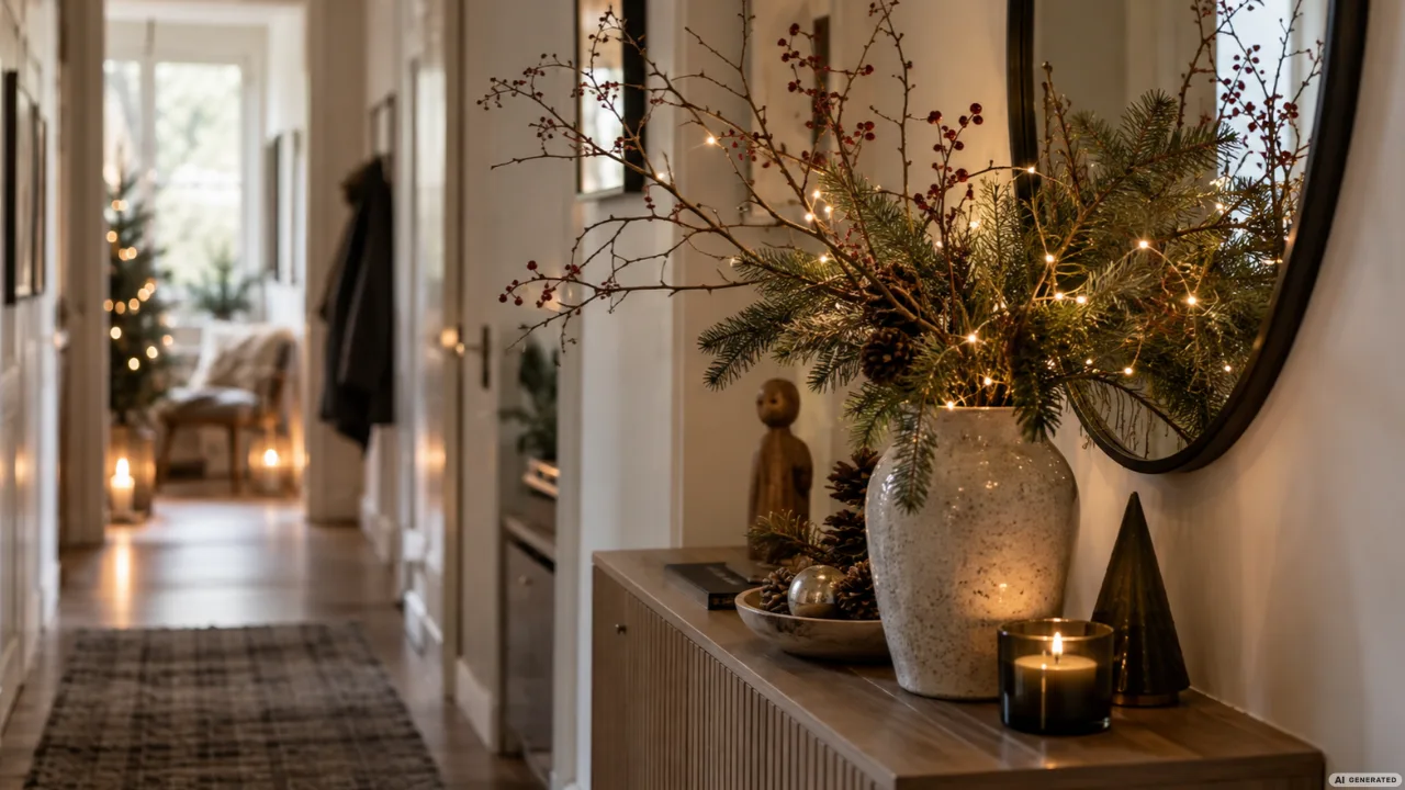 Weihnachtsdeko für den Flur mit Tannenzweigen, warmen Lichtern, Naturmaterialien und gemütlichen Dekorationen.