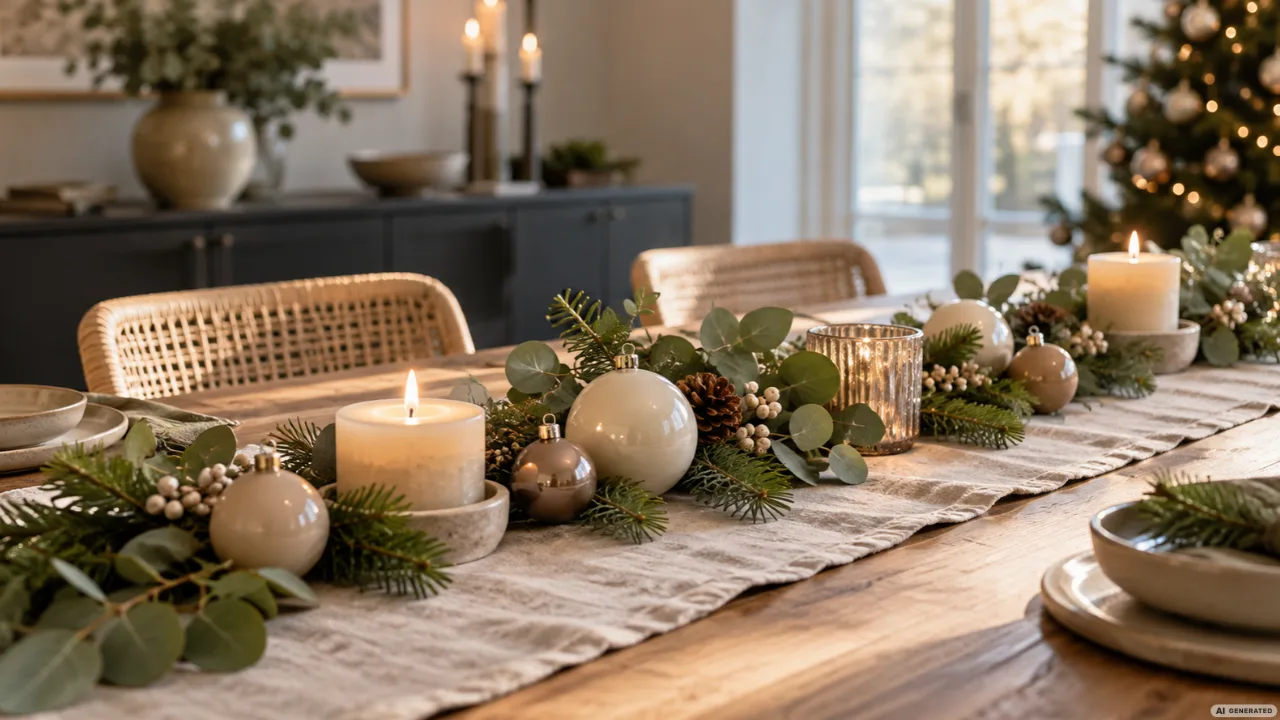 Moderne Weihnachtsdeko auf dem Esstisch mit Tannengrün, Eukalyptus, Kerzen und Weihnachtskugeln auf einem Leinenläufer.