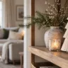 Modernes Holzregal mit weißem Keramikweihnachtsbaum, Kerze und Tannenzweigen im gemütlichen Wohnzimmer.
