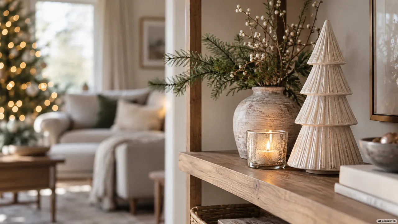 Modernes Holzregal mit weißem Keramikweihnachtsbaum, Kerze und Tannenzweigen im gemütlichen Wohnzimmer.