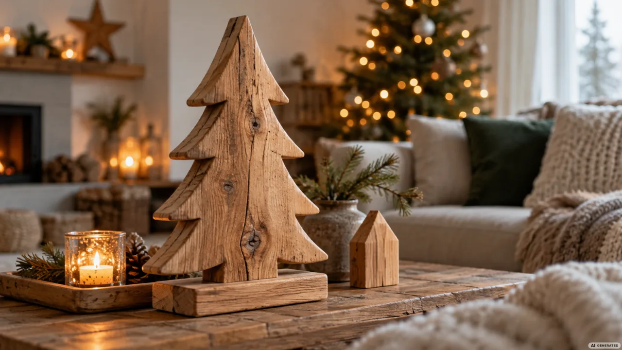 Weihnachtsdeko aus Holz im Wohnzimmer mit großem Holzbaum, Kerze und natürlicher Weihnachtsdekoration.