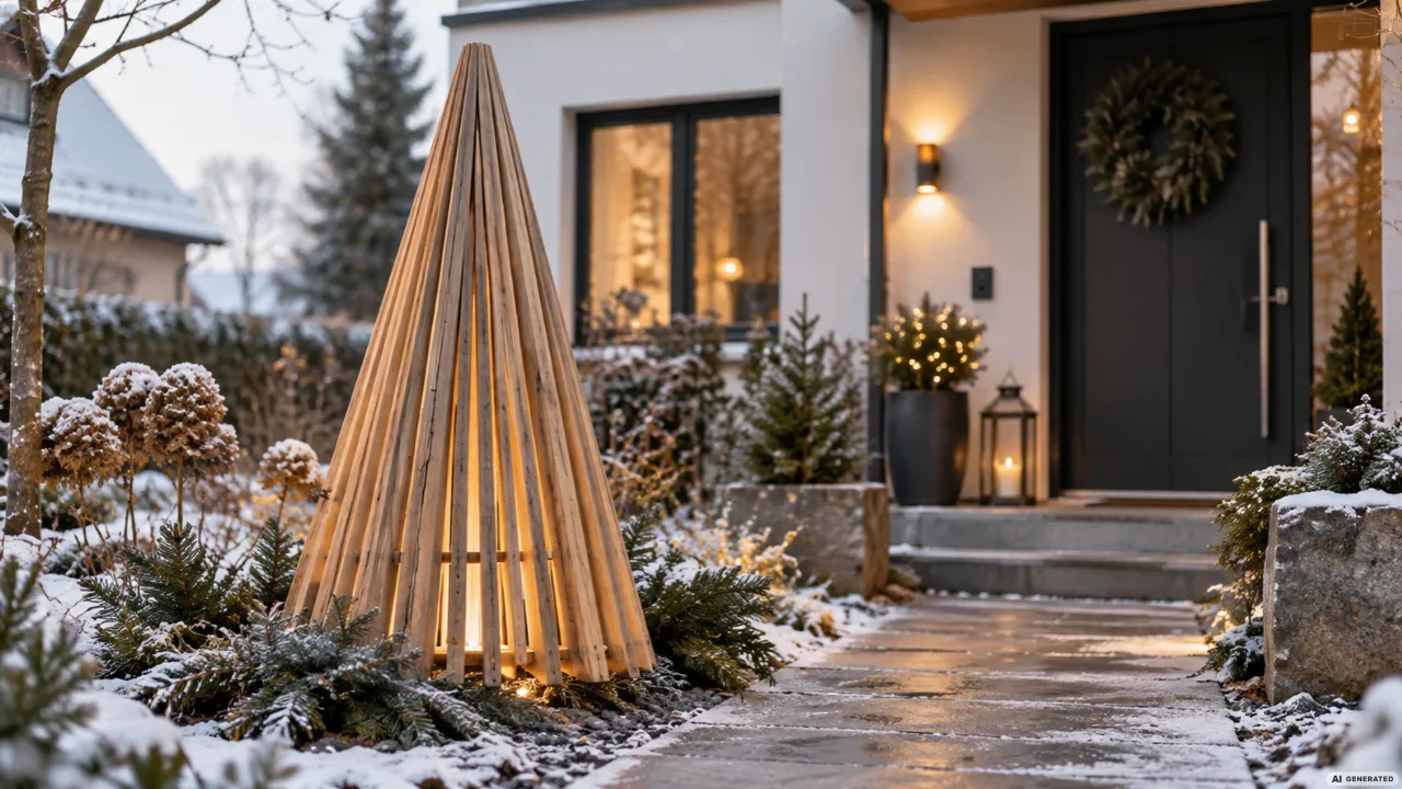 Moderne Weihnachtsdeko im Vorgarten mit beleuchtetem Holzbaum neben einem verschneiten Gartenweg.