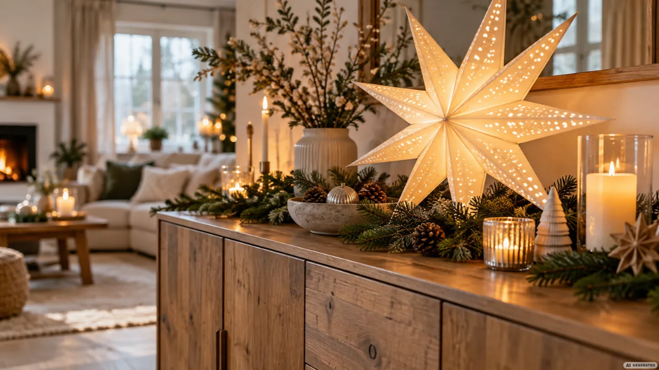Weihnachtliches Sideboard mit leuchtendem Papierstern, Kerzen, Tannenzweigen und Zapfen im gemütlichen Wohnzimmer.