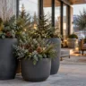 Moderne Weihnachtsdeko auf der Terrasse mit drei anthrazitfarbenen Pflanzkübeln, Tannenzweigen und Lichterketten.