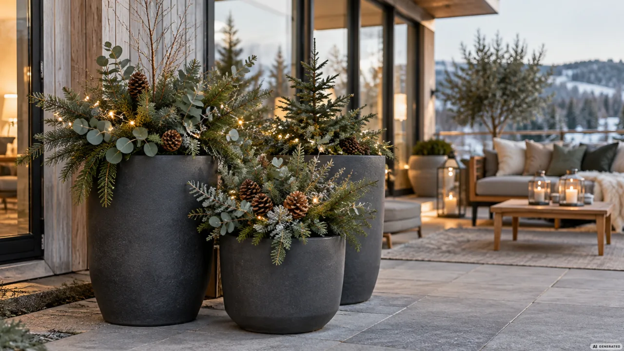 Moderne Weihnachtsdeko auf der Terrasse mit drei anthrazitfarbenen Pflanzkübeln, Tannenzweigen und Lichterketten.