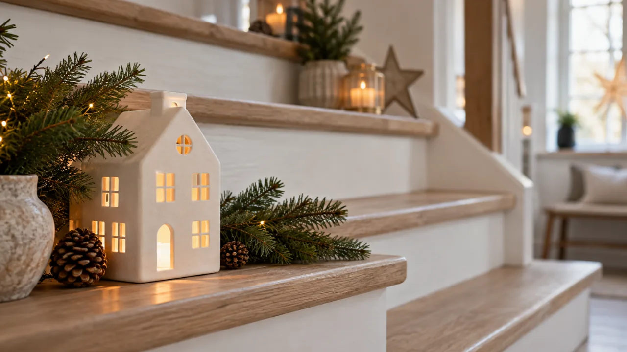 Moderne Weihnachtsdeko für Treppenstufen mit Keramikhaus, Tannengrün und warmem Licht.