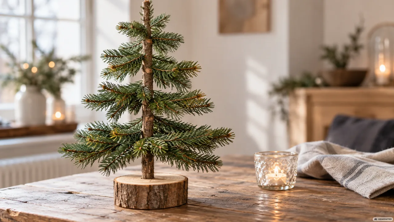 DIY-Weihnachtsbaum aus Tannenzweigen als einfache Weihnachtsdeko auf einem Holztisch.