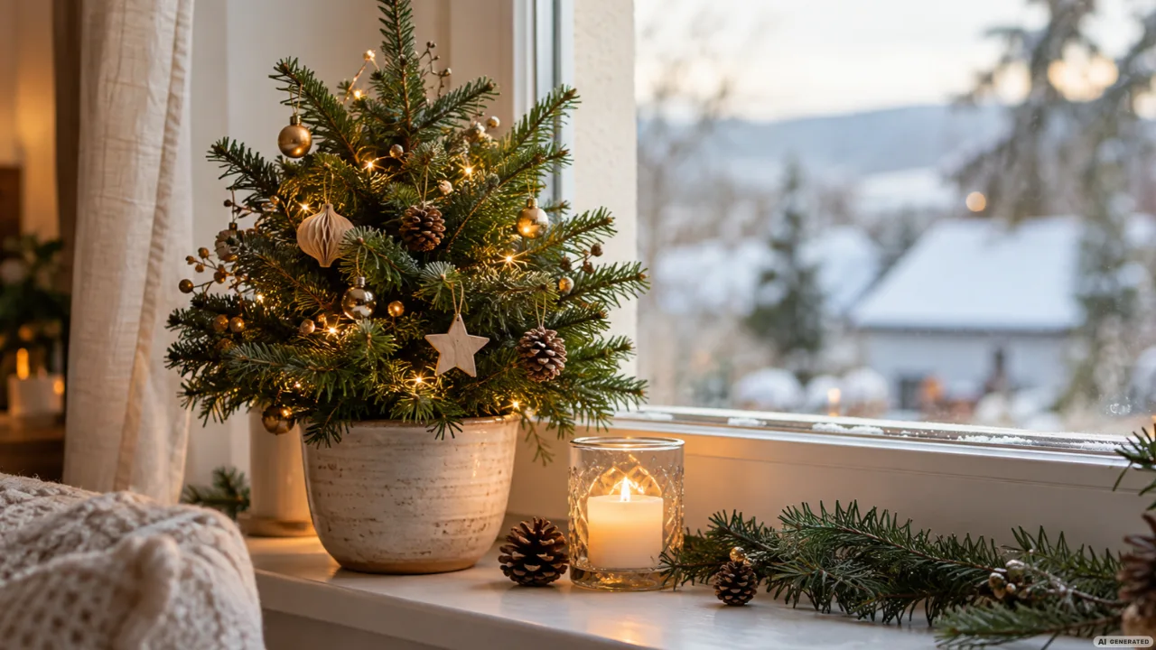 Weihnachtsdeko für die Fensterbank mit kleinem Tannenbaum, Lichtern, Kerze und natürlichen Zweigen.